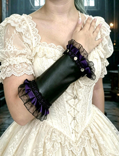Black Faux Leather Lace Arm Band Cuff, With Purple Satin & Silver Studs, Gothic Steampunk Punk