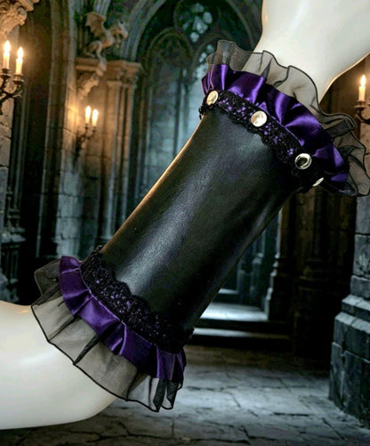 Black Faux Leather Lace Arm Band Cuff, With Purple Satin & Silver Studs, Gothic Steampunk Punk