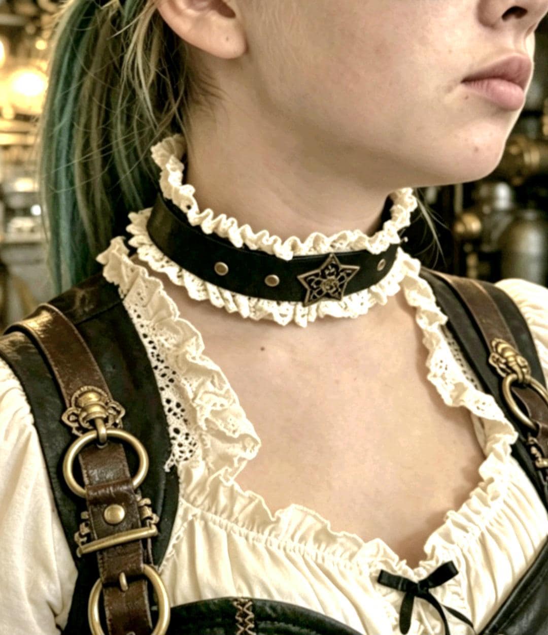 Brown Faux Leather & Cream Lace Choker Neck Band - Brass Star Steampunk Gothic Whitby