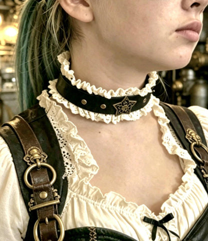 Brown Faux Leather & Cream Lace Choker Neck Band - Brass Star Steampunk Gothic Whitby