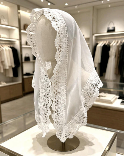 White Chiffon & Guipure Lace Triangle Veil Mantilla, Victorian Catholic Spanish Whitby Gothic
