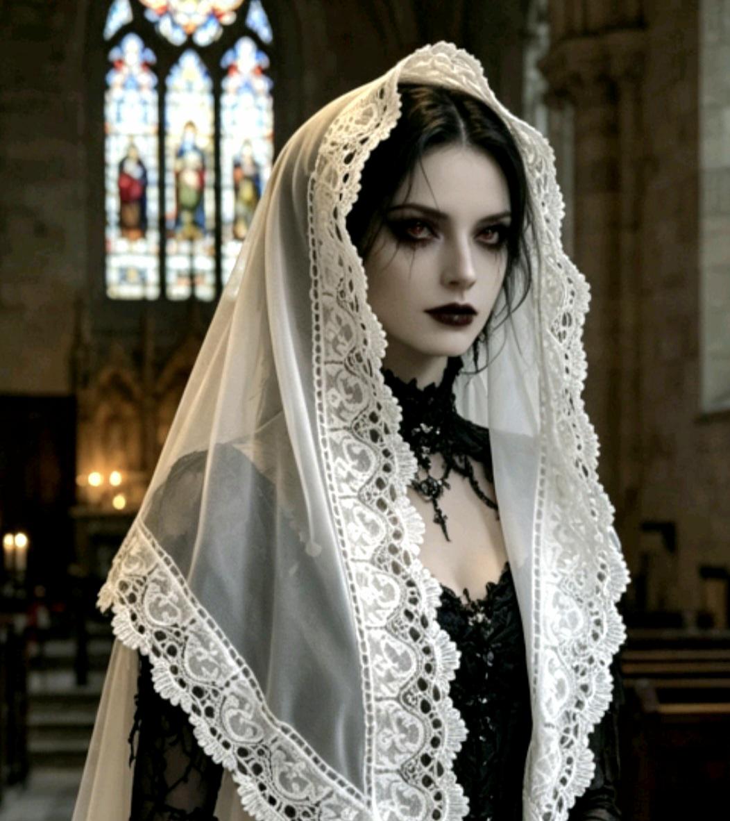 White Chiffon & Guipure Lace Triangle Veil Mantilla, Victorian Catholic Spanish Whitby Gothic