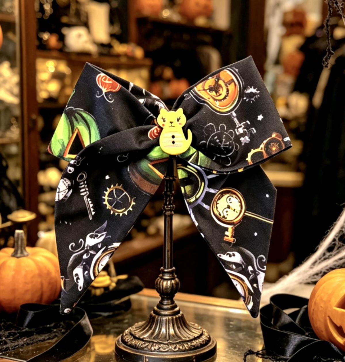 Black Orange Green Cat Gothic Halloween Hair Bow, Clip On, Gothic Punk Party Emo