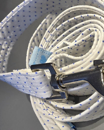 Blue White Polka Dot Dog Collar And Lead Set - Medium -  Matching Leash Set