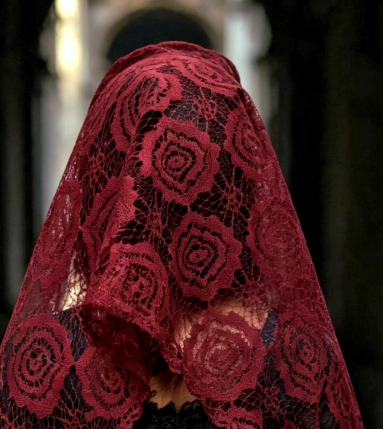 Deep Red Lace Veil Triangle Shape Mantilla Victorian Catholic Gothic Bride Costume