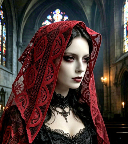 Deep Red Lace Veil Triangle Shape Mantilla Victorian Catholic Gothic Bride Costume