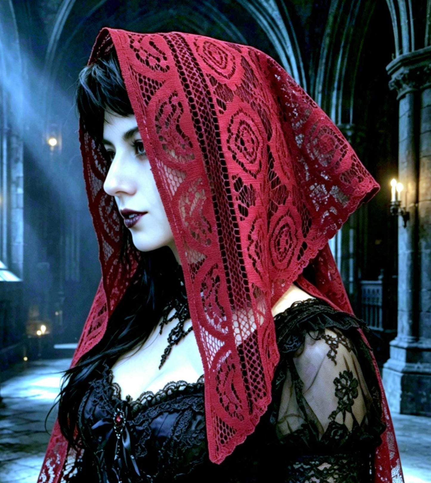 Deep Red Lace Veil Triangle Shape Mantilla Victorian Catholic Gothic Bride Costume