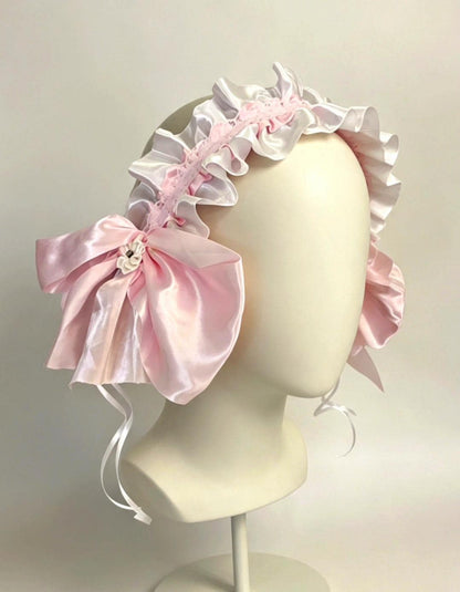White Pink Lace Satin Flowers Lolita Headpiece Head Band - Clip On,  Maid Kawaii Gothic