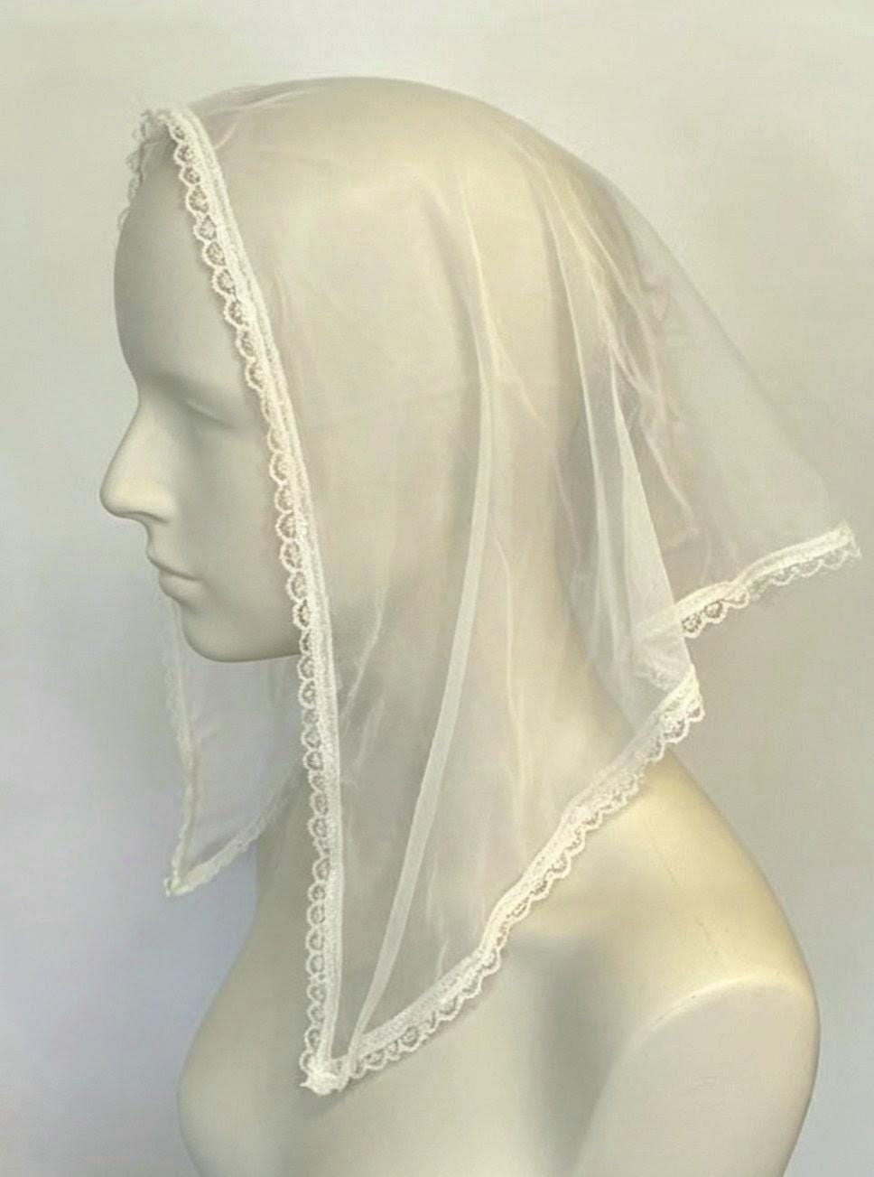 White Net & Lace Veil Triangle Shape Mantilla Victorian Catholic Gothic Bride Costume