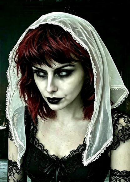 White Net & Lace Veil Triangle Shape Mantilla Victorian Catholic Gothic Bride Costume