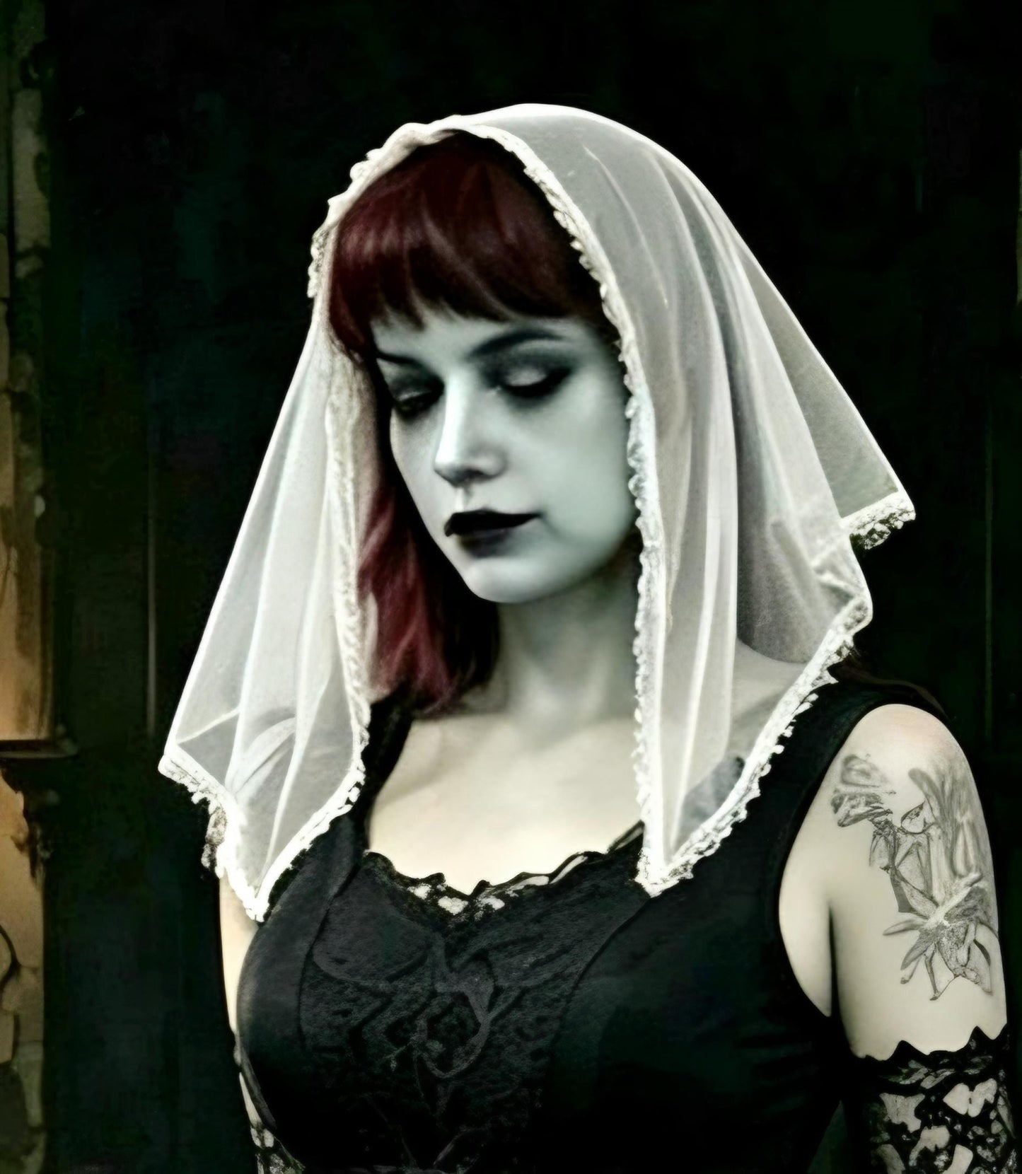 White Net & Lace Veil Triangle Shape Mantilla Victorian Catholic Gothic Bride Costume