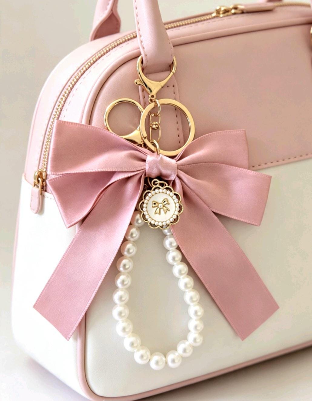 Handmade Lolita Keyring Key Chain Pink Bow White Pearls Beads Kawaii