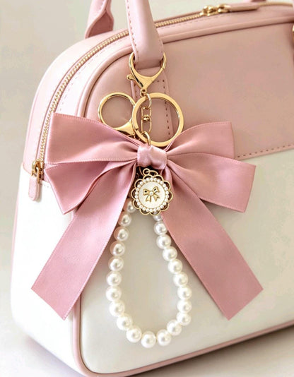 Handmade Lolita Keyring Key Chain Pink Bow White Pearls Beads Kawaii