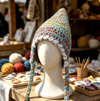 Handmade Woodland Wizard Pixie Hat - OOAK Green Orange Grey Mustard Fairy Garden