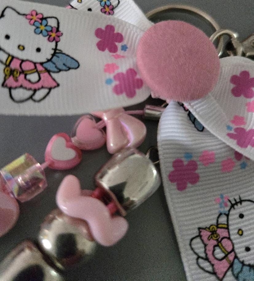 Cute Lolita Kitty Keyring Key Chain Pink White Hearts Bows Beads Kawaii