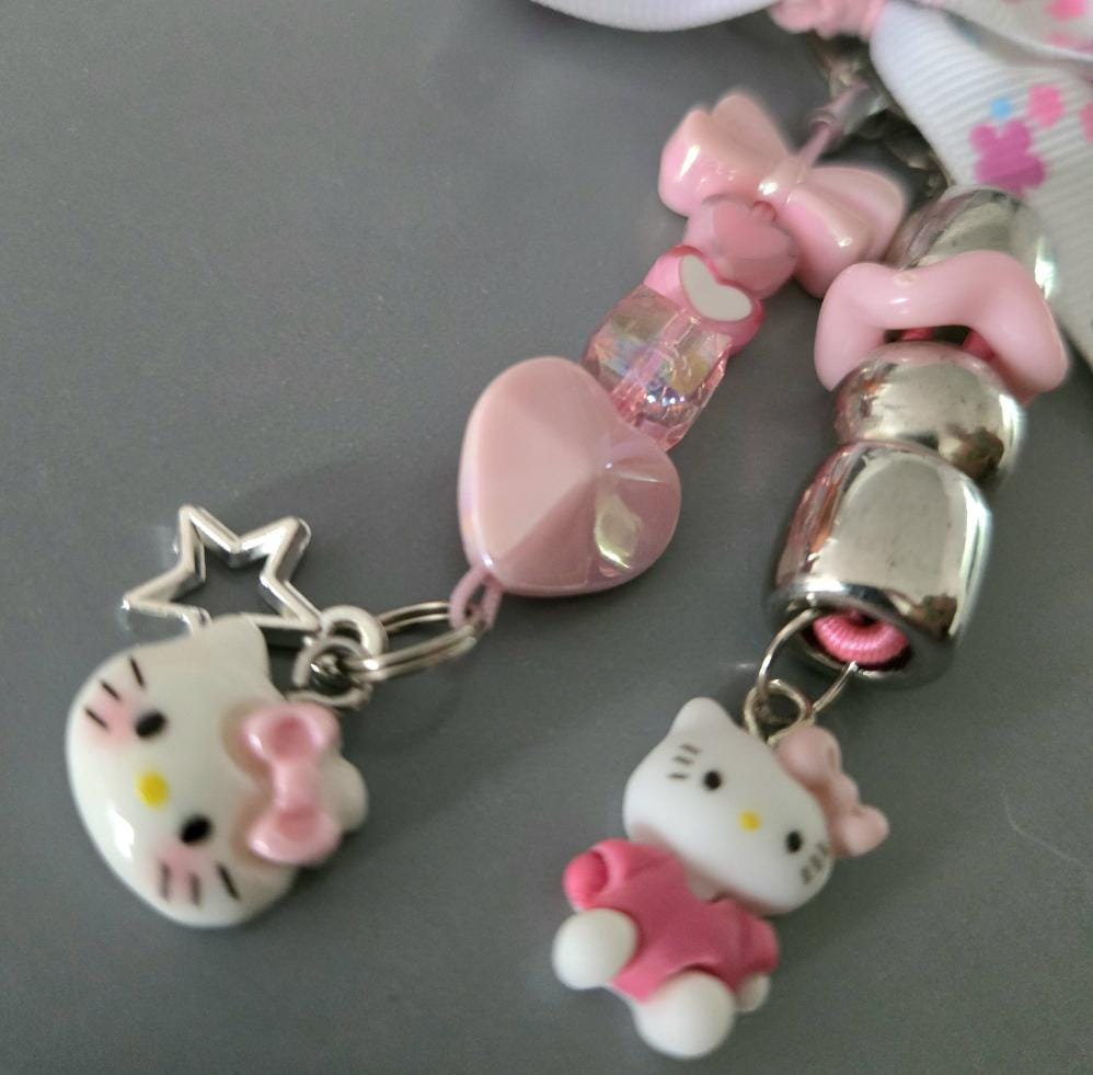 Cute Lolita Kitty Keyring Key Chain Pink White Hearts Bows Beads Kawaii