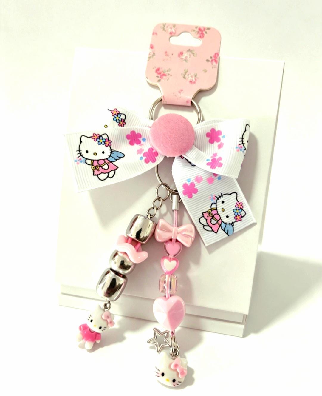 Cute Lolita Kitty Keyring Key Chain Pink White Hearts Bows Beads Kawaii