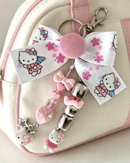 Cute Lolita Kitty Keyring Key Chain Pink White Hearts Bows Beads Kawaii