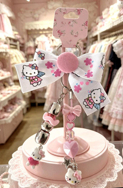 Cute Lolita Kitty Keyring Key Chain Pink White Hearts Bows Beads Kawaii