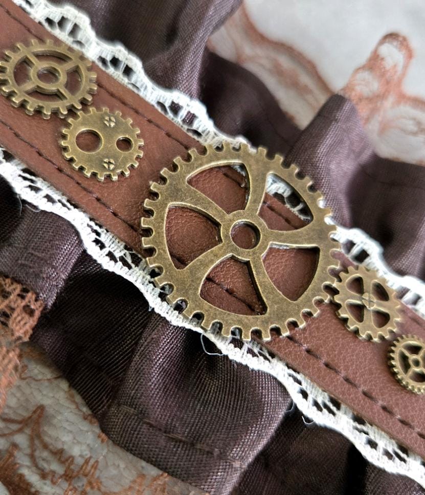 Brown Faux Leather & Cream Lace Choker Collar Neck Band - Brass Gogs Steampunk Gothic Whitby
