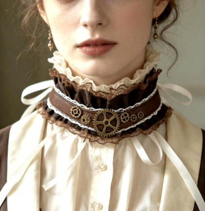 Brown Faux Leather & Cream Lace Choker Collar Neck Band - Brass Gogs Steampunk Gothic Whitby