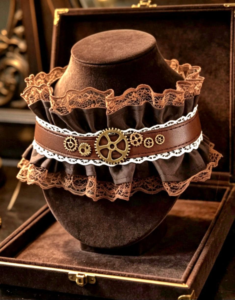Brown Faux Leather & Cream Lace Choker Collar Neck Band - Brass Gogs Steampunk Gothic Whitby