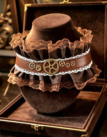 Brown Faux Leather & Cream Lace Choker Collar Neck Band - Brass Gogs Steampunk Gothic Whitby