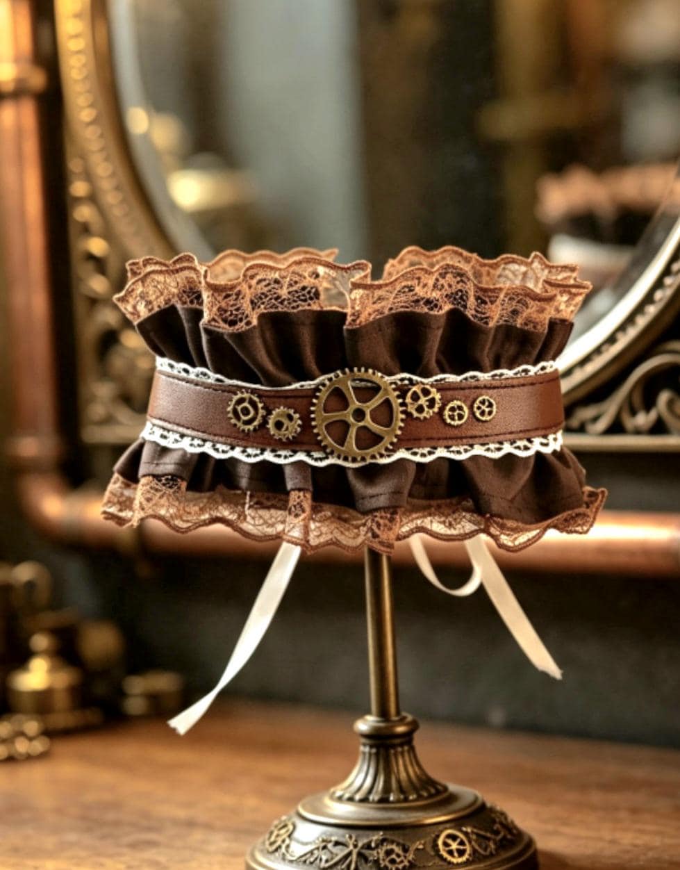 Brown Faux Leather & Cream Lace Choker Collar Neck Band - Brass Gogs Steampunk Gothic Whitby