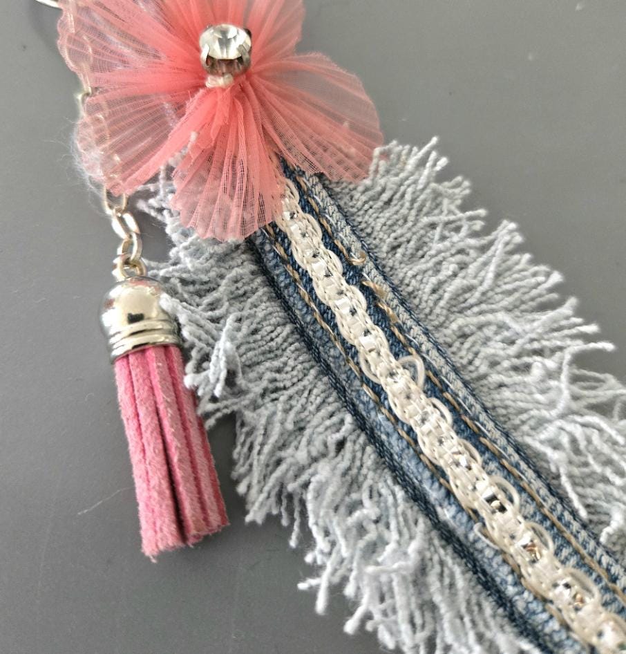 Cute Denim Leaf Keyring Key Chain Pink Flower & Tassel - Pretty Gift