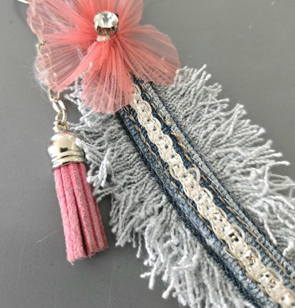 Cute Denim Leaf Keyring Key Chain Pink Flower & Tassel - Pretty Gift