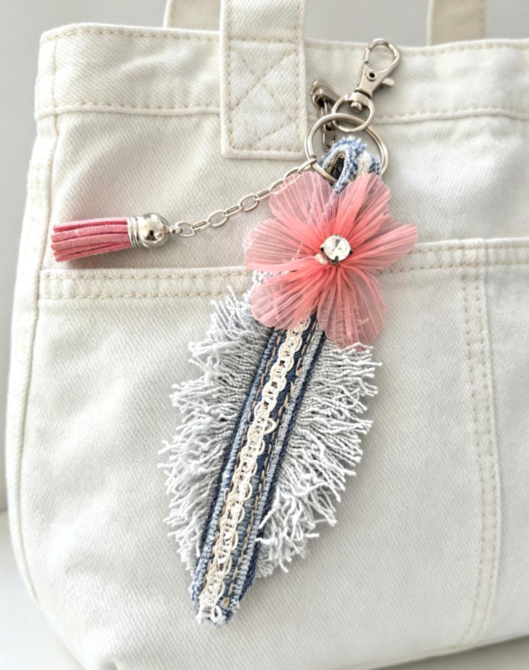Cute Denim Leaf Keyring Key Chain Pink Flower & Tassel - Pretty Gift