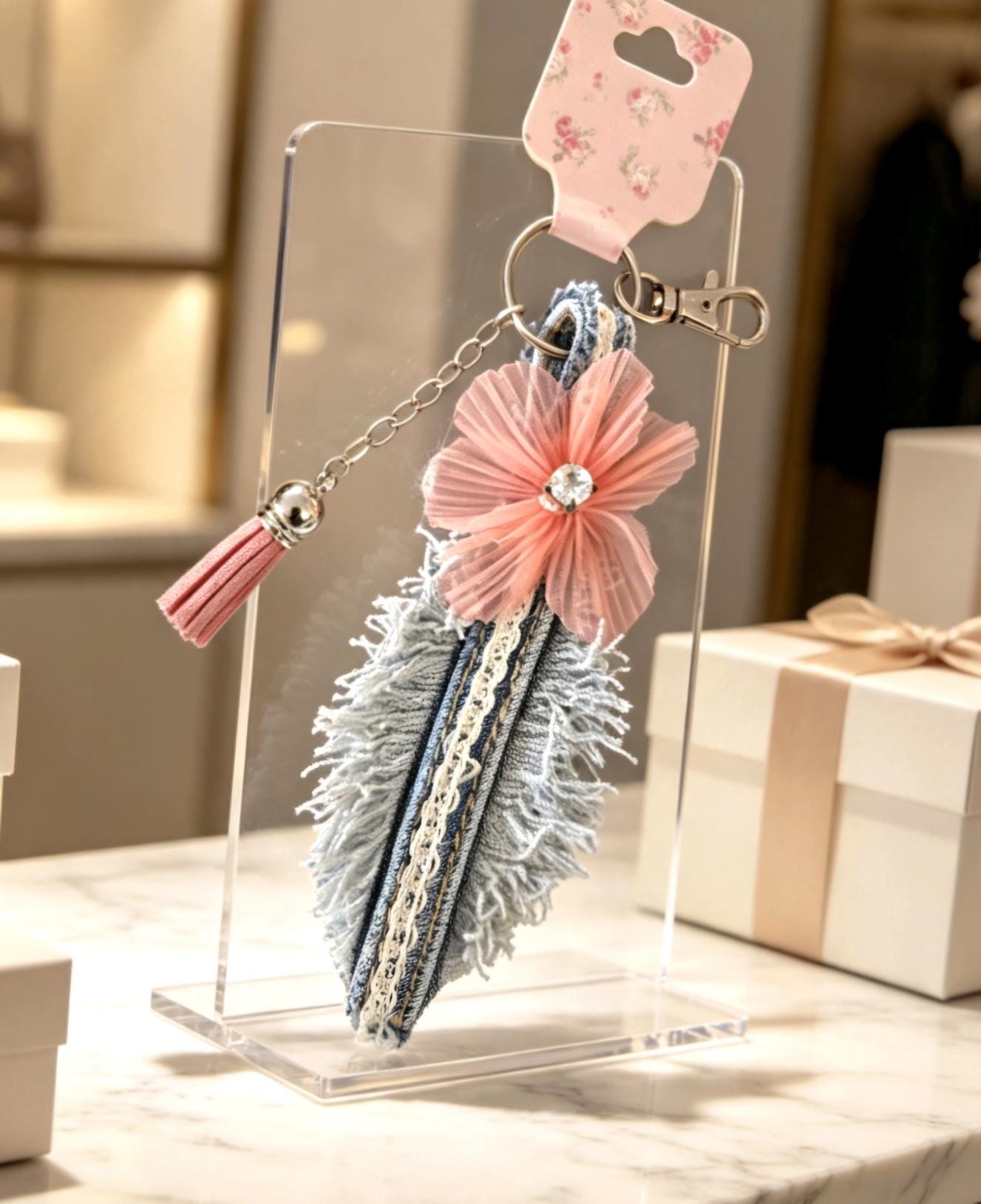 Cute Denim Leaf Keyring Key Chain Pink Flower & Tassel - Pretty Gift