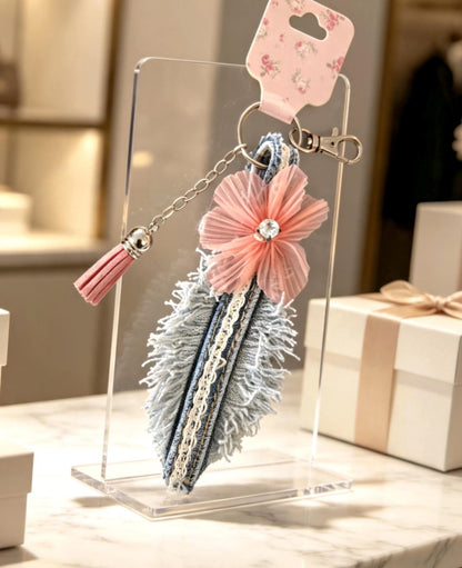 Cute Denim Leaf Keyring Key Chain Pink Flower & Tassel - Pretty Gift