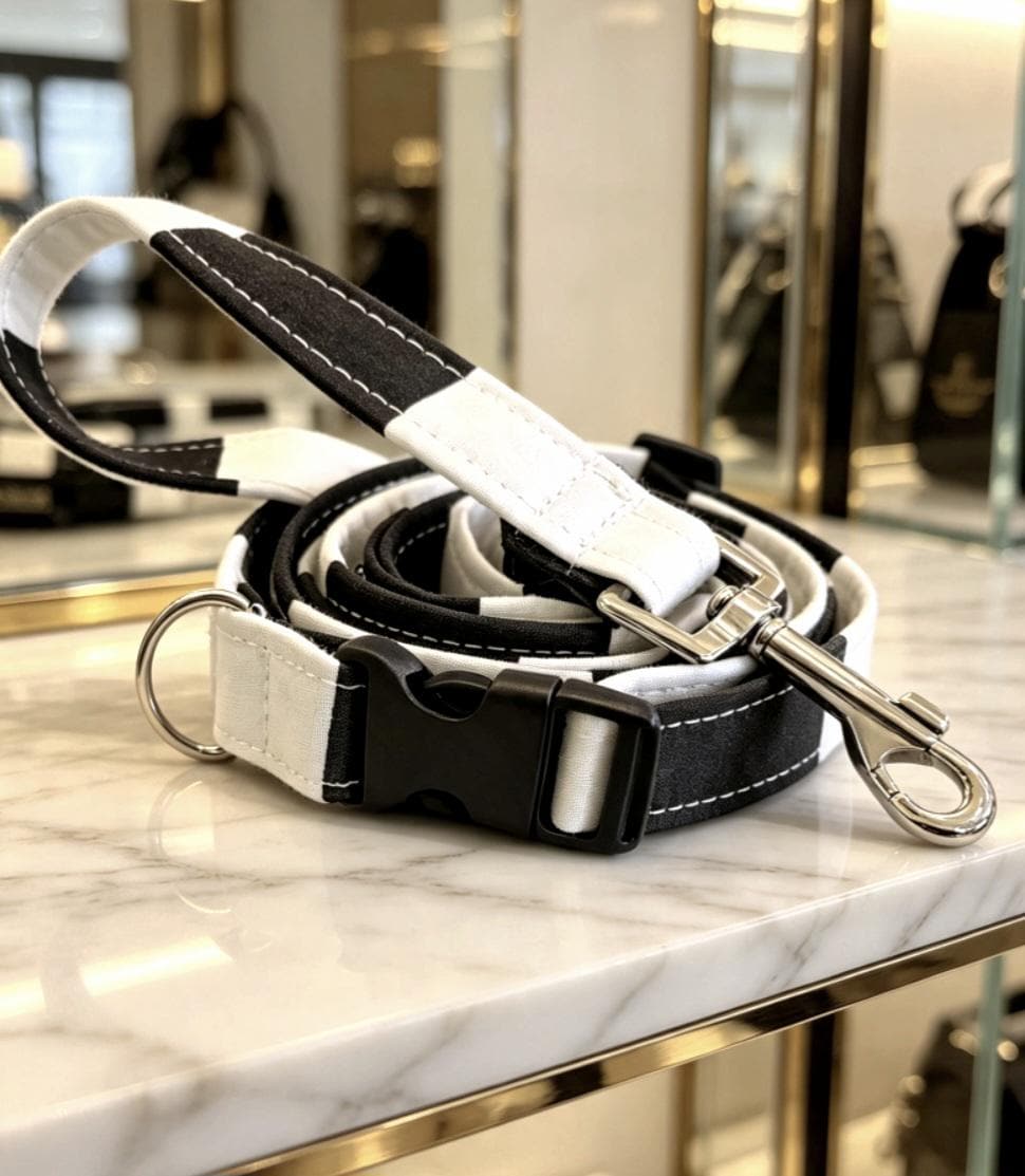 Black White Stripey Dog Collar & Lead Set - Medium -  Matching Leash Set