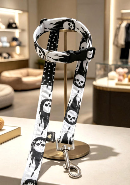 Black White Skulls & Stars Dog Collar And Lead Set - Medium -  Matching Leash Set