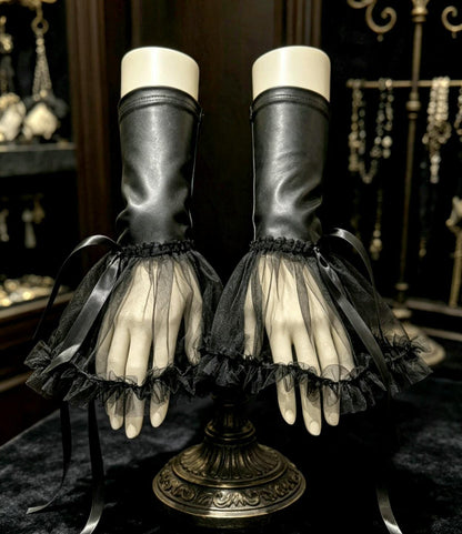 Black Faux Leather & Deep Lace Wrist Cuffs - Gothic Victorian Emo Fingerless Gloves