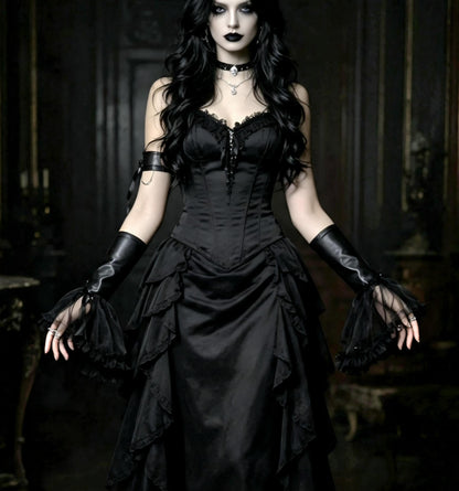 Black Faux Leather & Deep Lace Wrist Cuffs - Gothic Victorian Emo Fingerless Gloves