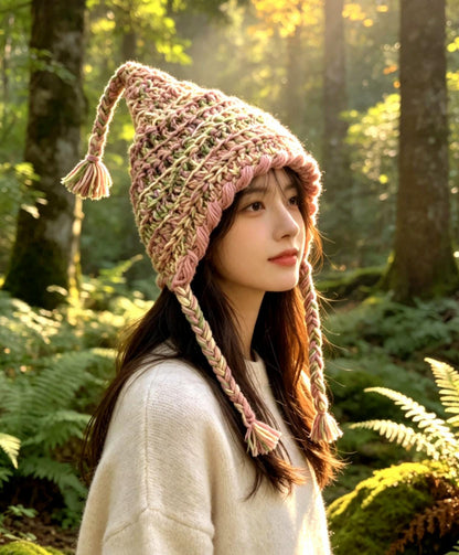 Handmade Woodland Wizard Pixie Hat - OOAK Green Pink Yellow Fairy Garden