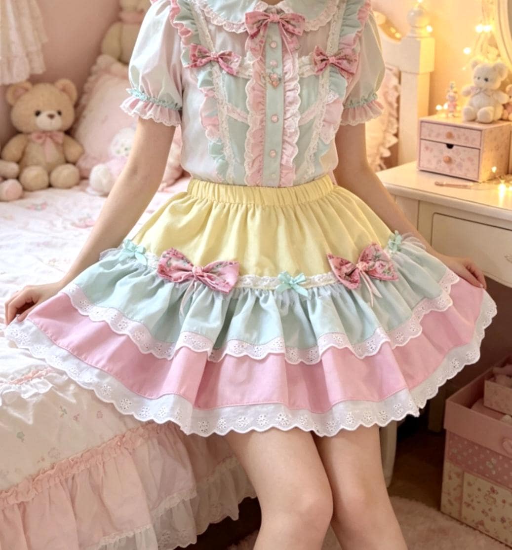 Pink Lemon Mint Green Sweet Lolita Kawaii Skirt - Frills Bows Kei Size 8 - 12 (UK)
