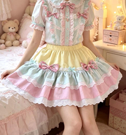Pink Lemon Mint Green Sweet Lolita Kawaii Skirt - Frills Bows Kei Size 8 - 12 (UK)