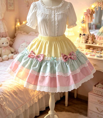 Pink Lemon Mint Green Sweet Lolita Kawaii Skirt - Frills Bows Kei Size 8 - 12 (UK)