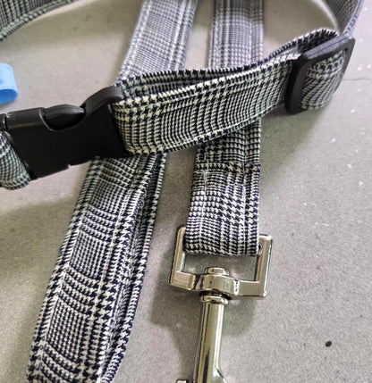 Black White Prince of Wales Check Dog Collar And Lead Set - Medium -  Matching Leash Set