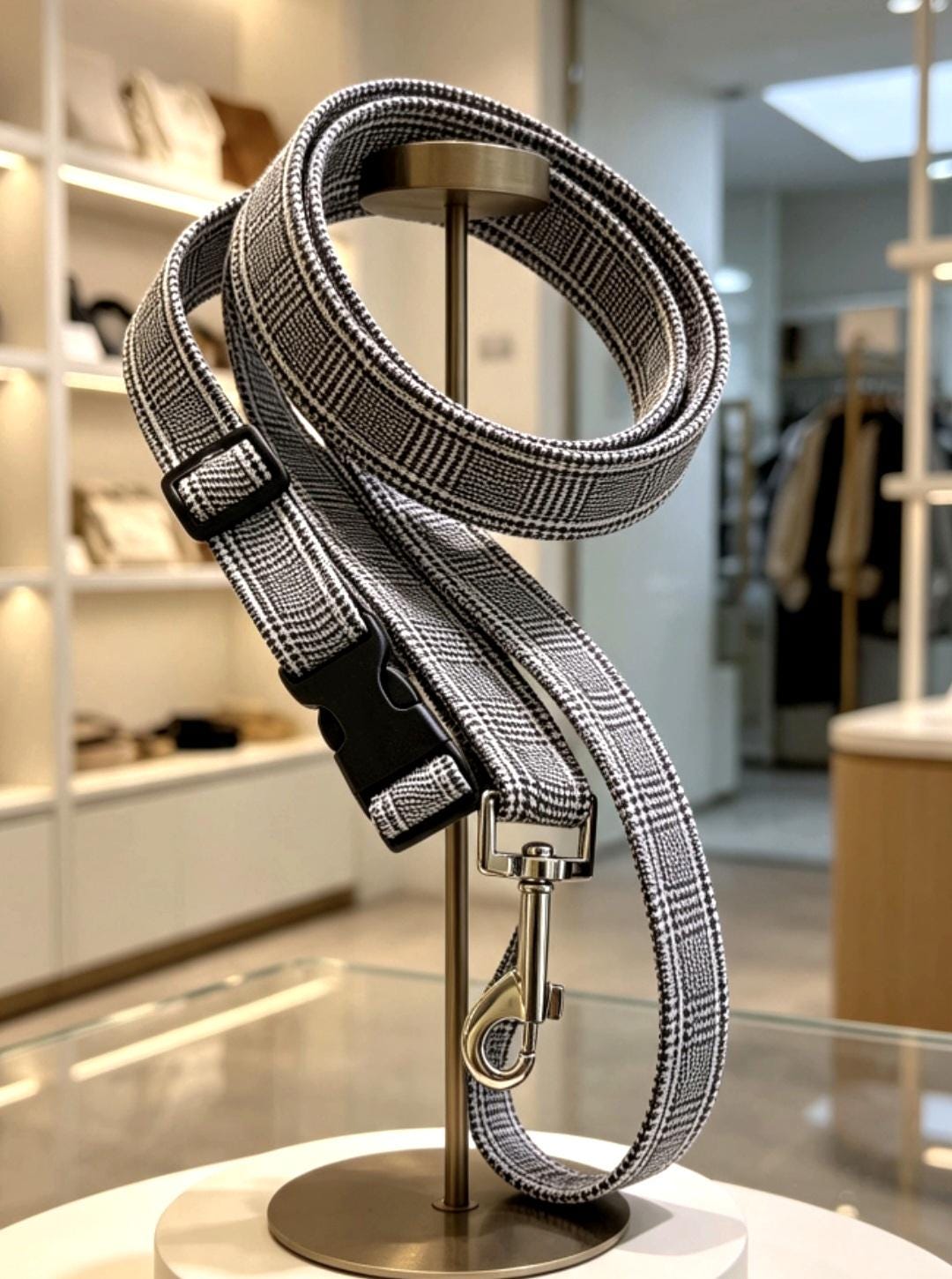 Black White Prince of Wales Check Dog Collar And Lead Set - Medium -  Matching Leash Set