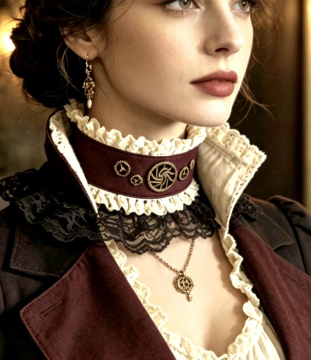 Burgundy Faux Leather Black & Cream Lace Choker Collar Neck Band - Brass Gogs Steampunk Gothic Whitby