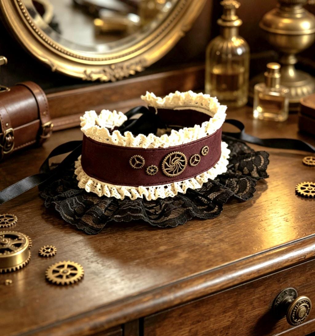 Burgundy Faux Leather Black & Cream Lace Choker Collar Neck Band - Brass Gogs Steampunk Gothic Whitby