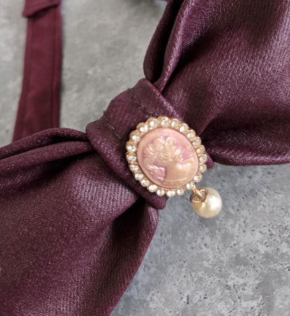 Burgundy Faux Leather Steampunk Bow Tie, Cameo & Pearl Centre, Goth, Whitby, Groom