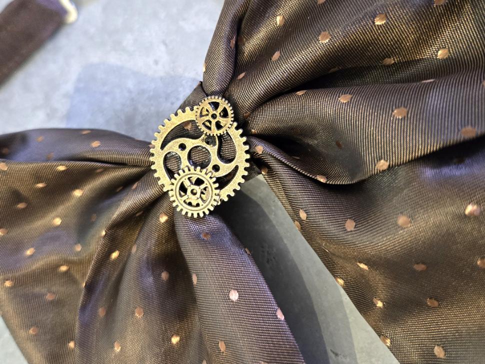 BRown Spot Silk Steampunk Bow Tie, Cogs Centre Detail, Goth, Whitby, Groom