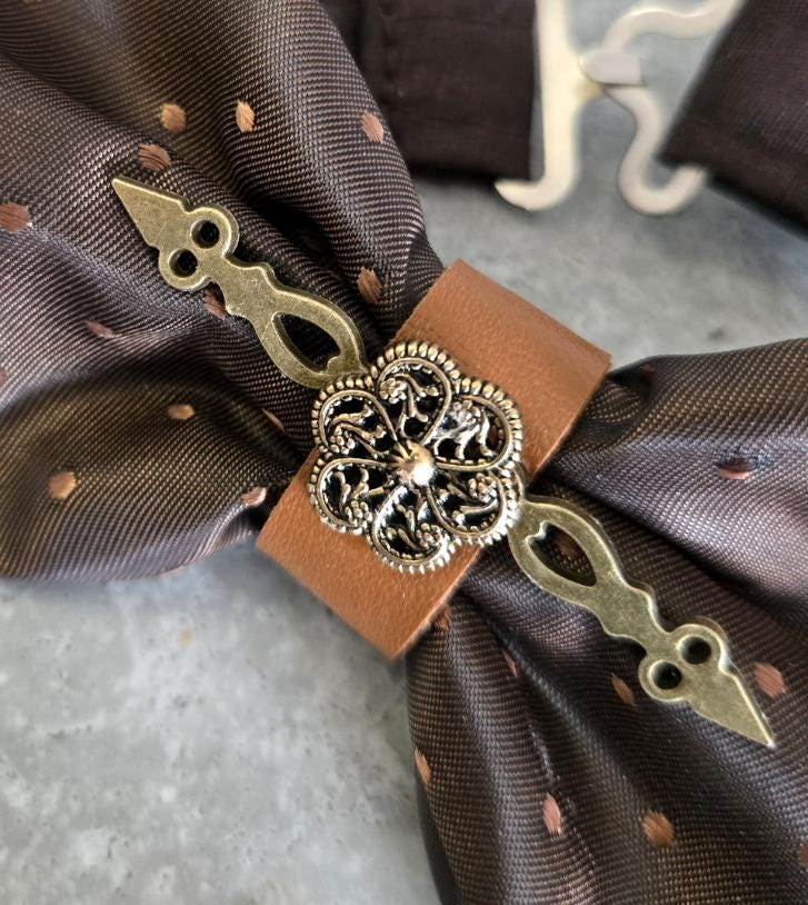 Brown Spot Silk Steampunk Bow Tie, Cogs & Clock Hands Detail, Goth, Whitby, Groom