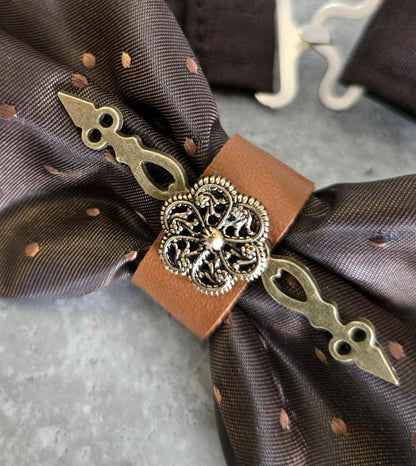 Brown Spot Silk Steampunk Bow Tie, Cogs & Clock Hands Detail, Goth, Whitby, Groom