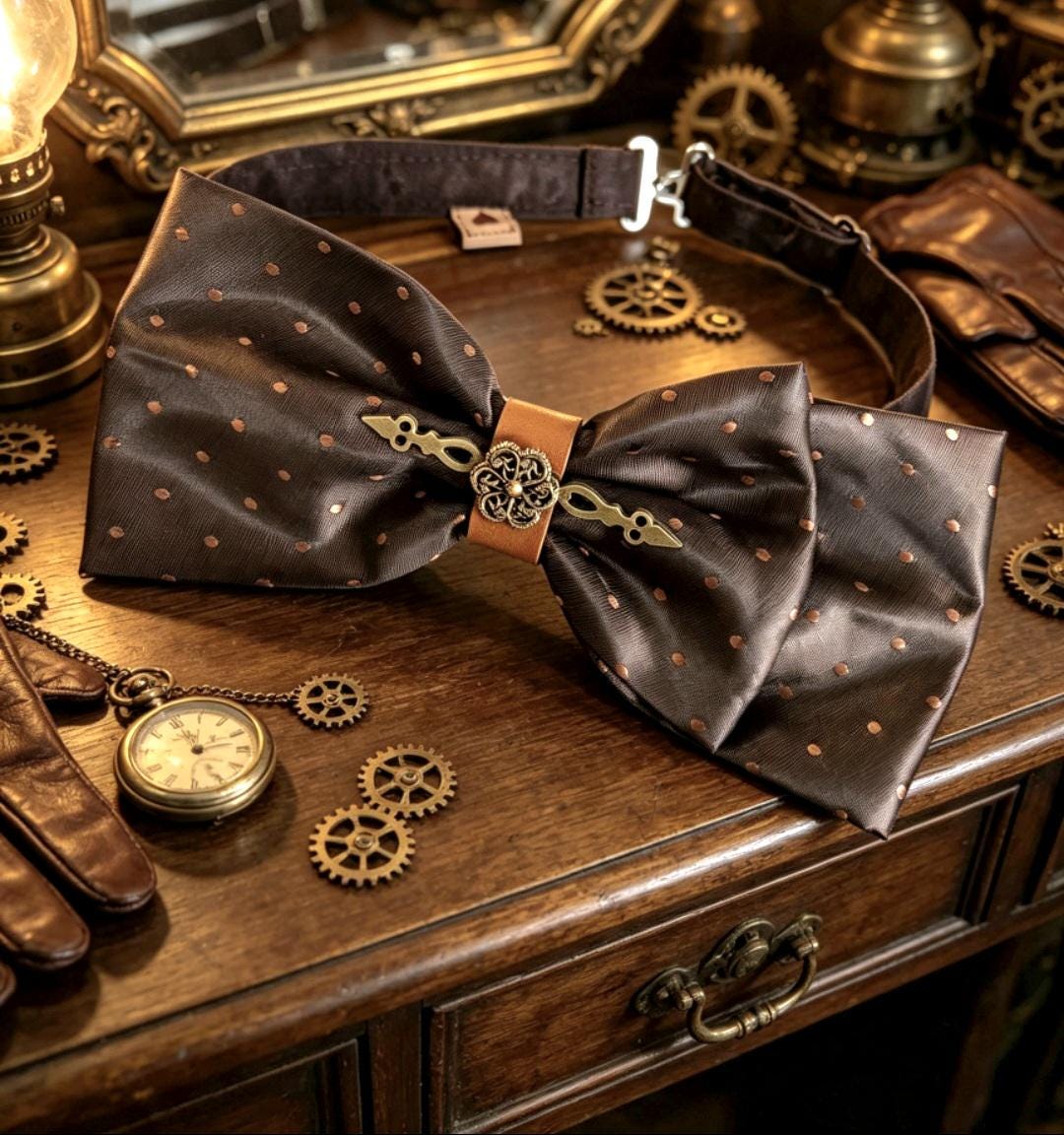 Brown Spot Silk Steampunk Bow Tie, Cogs & Clock Hands Detail, Goth, Whitby, Groom